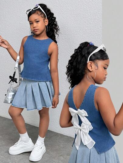 SHEIN Tween Girls New Summer Elegant Backless Cropped T-Shirt Top, Bowknot Colorblock Back Bowknot Decor Top,Girls Summer Beach Boho Vacation Shorts, Summer Concert Festival Casual Rave Outfits, Girls Summer Brunch Church Graduation Outfits,Streetwear,Back To School Outfits