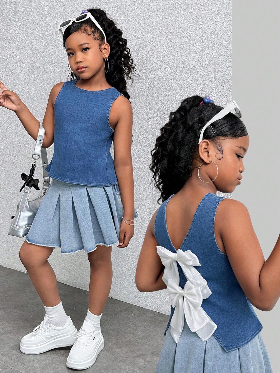 SHEIN Letnia elegancka koszulka z odkrytymi plecami dla nastolatek, top z kokardą i kolorowymi blokami kolorów, dziewczęce szorty w stylu boho na wakacje, letnie stroje na koncerty, swobodne stroje rave dla dziewczynek, letnie stroje na brunch i ukończenie szkoły, odzież uliczna, stroje na powrót do szkoły - Średni jeans - Zobacz 1