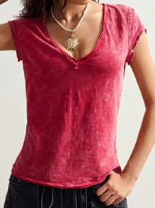 Bohemela Summer Easter Plain Knit V-Neck Short Sleeve Bodycon Washed Women T-Shirt Red Tshirt Women V Neck Tshirt Women V Neck Tops Red Tops Summer Tops - Red - View 5