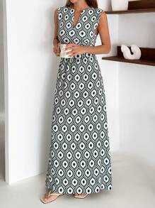 SHEIN Vestido corto de mujer con cuello en V, sin mangas, con estampado todo sobre todo, de textura, para primavera y verano, atuendo diario