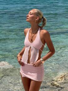 Sweetina 2pcs/Set Women's Vacation Sexy Halter Tie Top With High Slit Mini Skirt - Pink - View 3