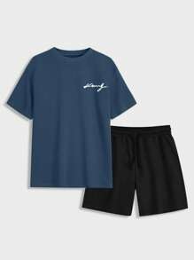 RueChic Set de 2 piezas de camiseta casual de manga corta con cuello redondo y estampado de letras, y shorts con cordón en la cintura para hombres