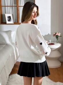 EURMUSE Women Tie Front Heart Jacquard Detailed Cardigan Summer Cardigan For Women Cute Blouses For Women Heart Print Cardigan Tie Front Cardigan  Fall Women Clothes Teacher Outfits For Women Autumn Clothes,Long Cardigans Woman,Petite Cardigans,Cardigans - Cream - View 2