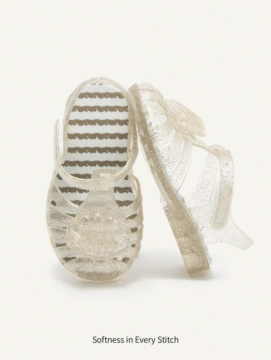 SHEIN 1 par de sandalias planas de cristal transparentes, versátiles, lindas, de onda dorada, cómodas y suaves para la playa para niña/bebé - Amarillo - Ver 1