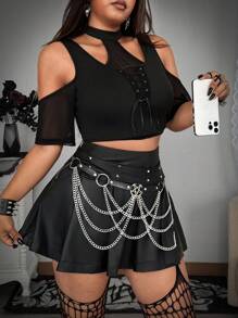 SHEIN Whyspr Fustă mini plisată cu model patchwork și nituri, mărime plus, pentru femei, model hot, fată, mărime plus - Negru - Vizualizare 6