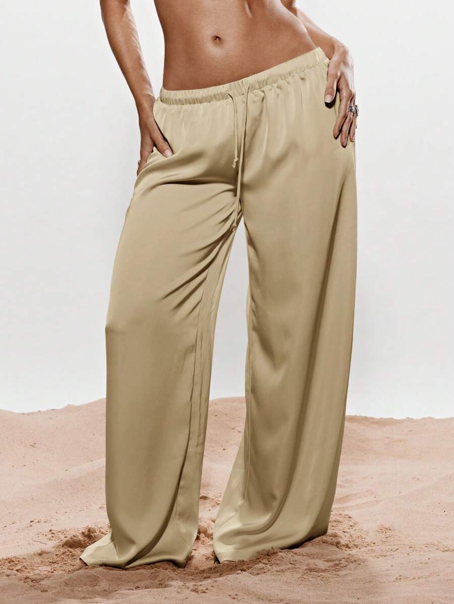 KIZN Pantalon large palazzo en satin, pantalon ample d'intérieur fluide, tenue élégante de villégiature, paréo de plage, léger avec cordon de serrage à la taille