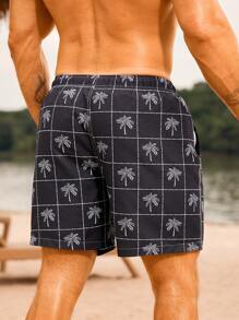 Manfinity Swimmode Men's Palm Tree Print Drawstring Waist Beach Shorts - Black - View 3
