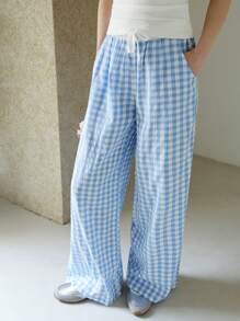 少女格子腰带口袋宽松直筒裤 - 藍色 - 查看 4