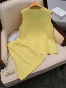 INAWLY 两件套休闲办公室通勤背心和短裤 - 黃色 - 查看 2