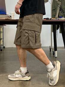 Manfinity Roughcore Loose-Fit Men's Cargo Shorts With Flap Pockets, Side Drawstring Waist Men Cargo Shorts - Mocha Brown - View 4