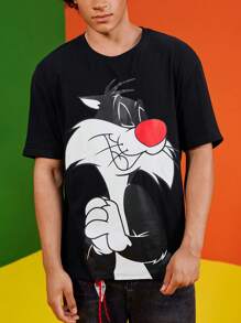 LOONEY TUNES X SHEIN Men's Summer Cartoon Pattern Round Neck Short Sleeve T-Shirt, Graphic Tee - Black - View 6