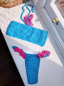 Musera Resort Conjunto de sujetador de un hombro con flor de punto, atuendo primaveral, veraniego, de Ibiza, vacaciones, lindo, festival, ropa de playa, playa, bohemio - Azul - Ver 1