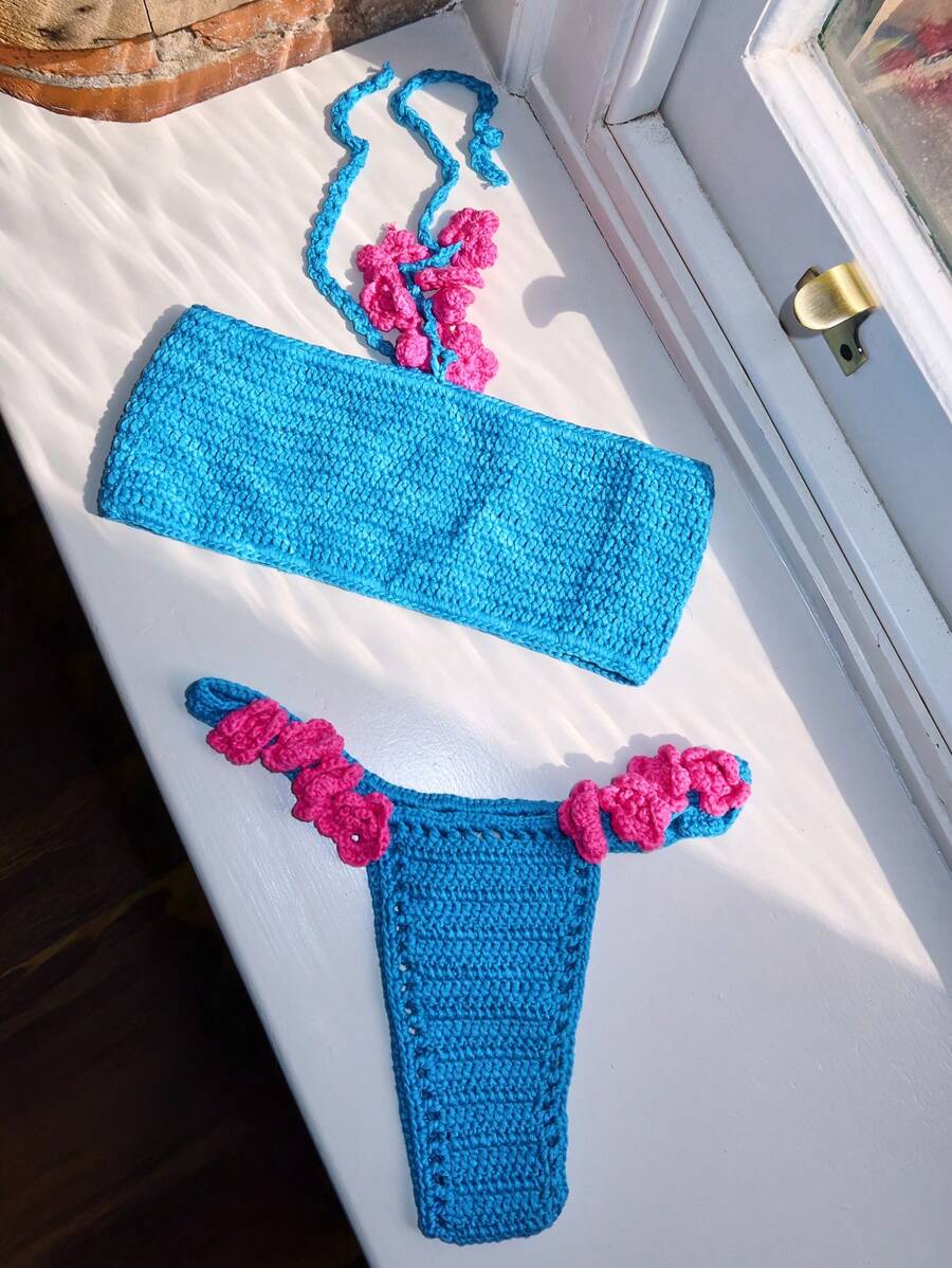 Musera Resort Conjunto de sujetador de un hombro con flor de punto, atuendo primaveral, veraniego, de Ibiza, vacaciones, lindo, festival, ropa de playa, playa, bohemio - Azul - Ver 1