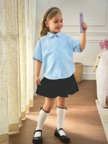 SHEIN Leap Crew Giovane Girl Blu per il ritorno a scuola, con fiocco casual a righe - Rosa - Visualizzare 5