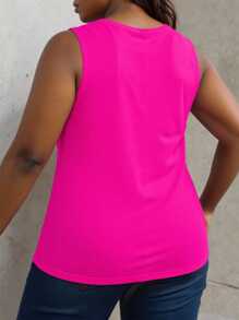 SHEIN LUNE Top sin mangas con logo de auriculares impreso, informal para tallas grandes, para el verano - Rosa Fucsia - Ver 2