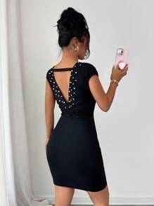 Elenzga Đầm mini hở lưng trang trí ngọc trai thanh lịch hàng ngày - màu đen - Xem 5