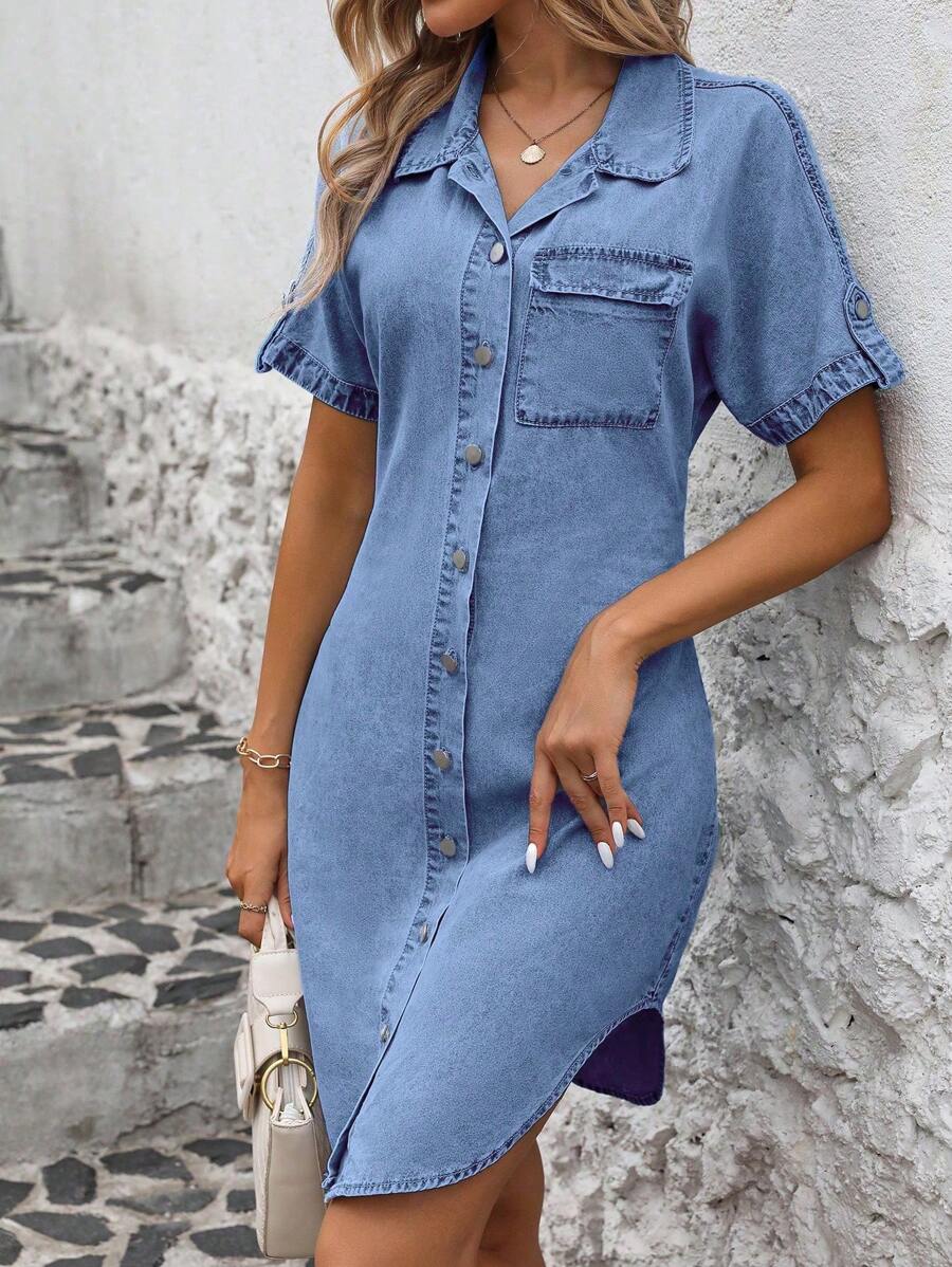 SHEIN LUNE Summer Casual Front Button Denim Dress - Medium Wash - View 1