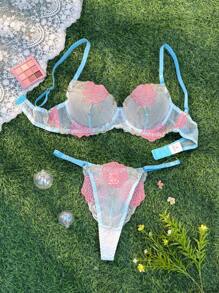 SHEIN 2件套女士玫瑰刺绣撞色性感透明浪漫内衣套装 - 彩色 - 查看 3