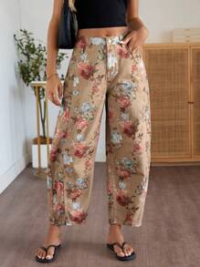女式花卉印花高腰宽松锥形休闲牛仔裤 - 彩色 - 查看 5