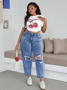 Slaydiva Plus Size Women Pockets Ripped Cone Leg Casual Jeans, Versatile - Dark Wash - View 6