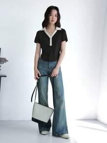 K-Vae Women's Summer Contrasting Color Edge T-Shirt, College Style T-Shirt, Daily Casual V-Neck Stretch Short-Sleeved T-Shirt