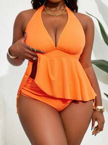 SHEIN Swim Curve Plus Size Solid Simple Daily Tankini Set For Summer Beach Vacation - Orange - View 1