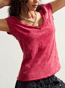 Bohemela Summer Easter Plain Knit V-Neck Short Sleeve Bodycon Washed Women T-Shirt Red Tshirt Women V Neck Tshirt Women V Neck Tops Red Tops Summer Tops - Red - View 6