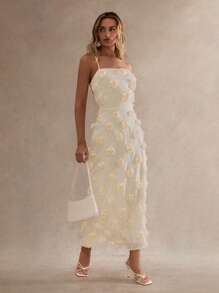 Glamine 女士露背可调节肩带浪漫刺绣花卉连衣裙 - 香檳色 - 查看 4