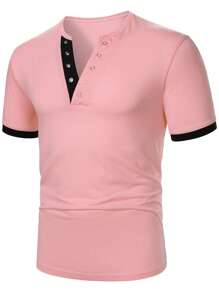 Manfinity Homme Áo thun nam tay ngắn đơn giản màu khối đơn giản - Màu Hồng baby - Xem 6