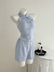 Elamini 2 件女式条纹印花无袖领绣花衬衫和松紧腰休闲短裤套装，春夏 - 藍白色 - 查看 7