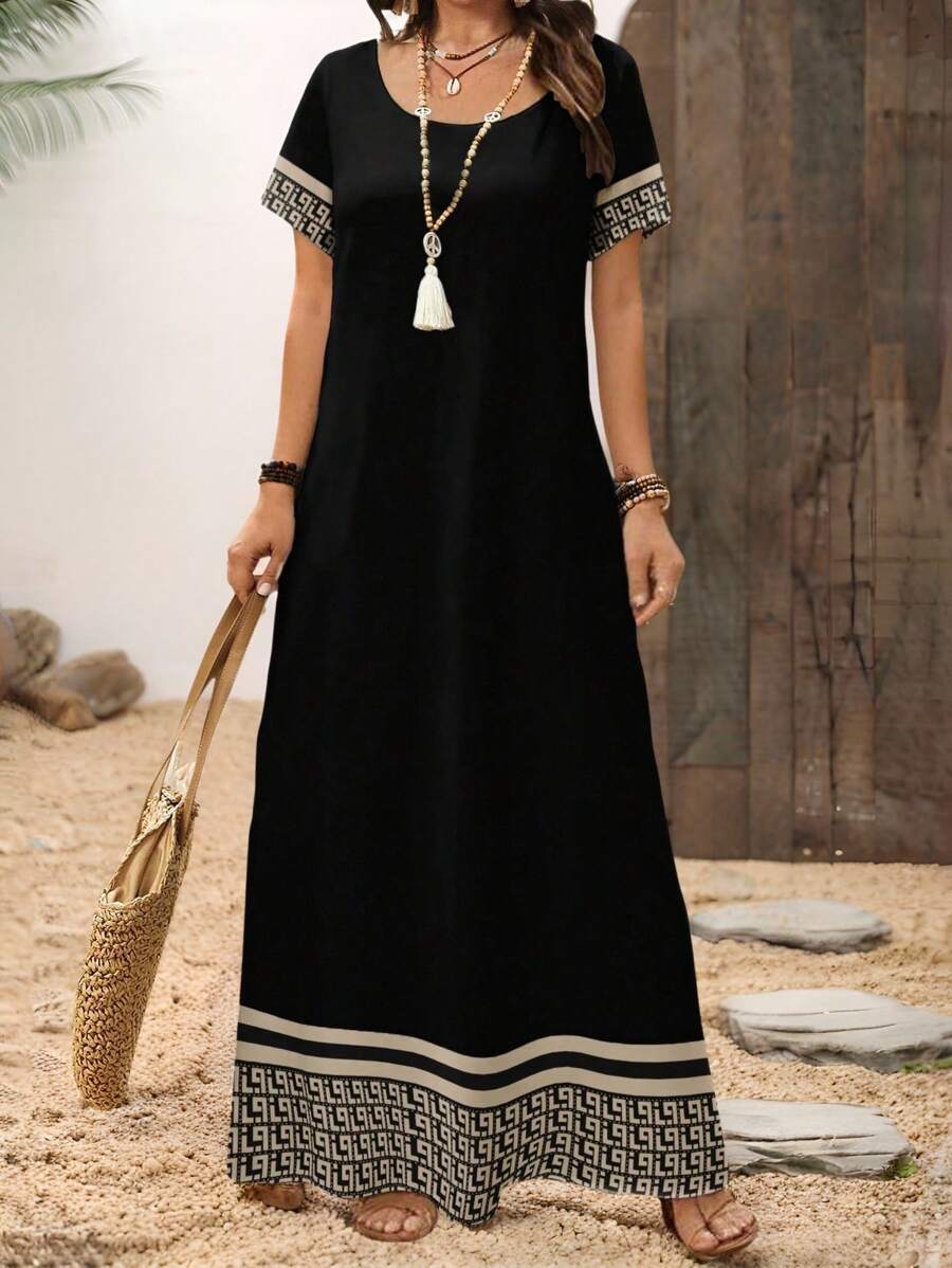 EMERY ROSE Đầm maxi dài tay ngắn cổ vuông in họa tiết, đầm hoa mùa hè dáng rộng phong cách Boho phù hợp đi chơi, đầm thanh lịch, đầm thường ngày. - Nhiều màu - Xem 1