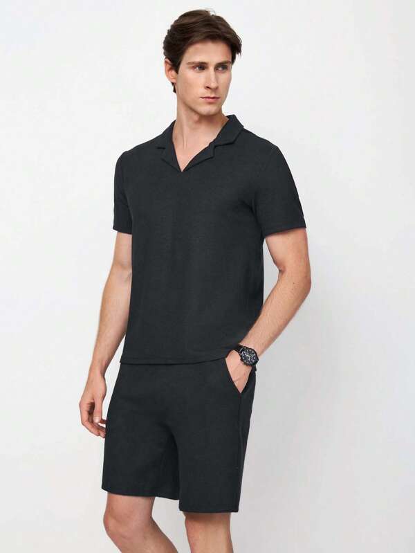 RueChic Set de 2 piese pentru bărbați, vară, culoare solidă, cu rever, tricou și pantaloni scurți cu mânecă scurtă, casual