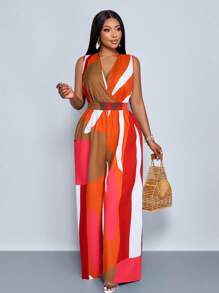 SOLERSUN Plus Size Women's Sleeveless Leaf Floral Print Elastic Waist V-Neck Jumpsuit, Suitable For Spring And Summer Vacation And Daily Wear, Jumpsuit - Orange - View 6