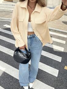 SHEIN Frenchy Abrigo con bolsillo con solapa y hombros caídos para otoño/invierno - Beis - Ver 6