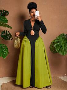 Maweii 大码女式长袖性感V领金属纽扣条纹拼接喇叭下摆休闲/工作连衣裙，秋冬 - 彩色 - 查看 1