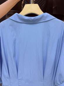 Sunspun 大码女式夏季休闲纯色泡泡袖修身衬衫