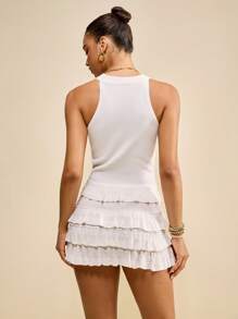 Muvela 2025 Summer & Autumn New Women's All White Sleeveless Ruffle Trim Fashionable Knit 2 Pieces Set, Y2K Countryside Music Festival Vintage Style, Casual For Street, Office, Date, Party, Travel, Back To School, Autumn Knitwear Set