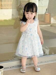 Dazy Kids Baby Mädchen V-Ausschnitt Kleid mit Blumen-Muster, Mesh-Patchwork, mittellange Länge, für Geburtstagsfeiern und formelle Anlässe