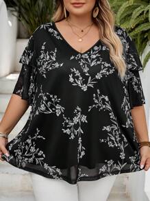 SHEIN CURVE+ 大码女式V领短袖雪纺印花荷叶边袖口宽松衬衫 - 彩色 - 查看 5