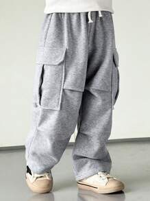 SHEIN Young Boy Casual Cute Everyday Relaxed Straight Open Pocket Sweatpants, Suitable For Trips, School, Gatherings, Autumn Winter, Back To School, Fall - Grey - View 5