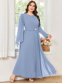 Modelyn Plus Size Women Elegant Rhinestone Embellished Slim Waist Round Neck Party Dress Fall Cloth For Women