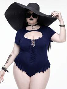 ROMWE Plus Size Gothic Summer Beach Bat Hem Collar Hollow Bodysuit For Women, Navy Blue - Navy Blue - View 1