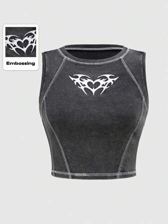 Grunge Punk Damen-Unterhemd im Punk-Street-Style mit Metallgrafik und Farbblock im Used-Look und gewaschenem Stoff in Übergröße