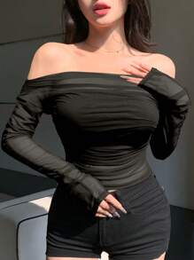 DAZY Blusa elástica de malla transparente con hombros descubiertos, blusas de mujer de manga larga para primavera/verano, blusas de salida para mujeres - Negro - Ver 5