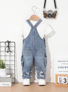 Denimly Kleinkind Jungen Mode Cool Outdoor Street Casual Star Patchwork Multi-Pocket Washed Denim Latzhose Baby zerrissene Overalls Baby Boy Overalls Denim Baby Overalls Baby Denim Overalls zerrissene Baby Overalls