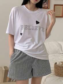 DAZY 2pcs/Set Women Casual Heart & English Print Short Sleeve Plaid Shorts Suit Pajama - White - View 6