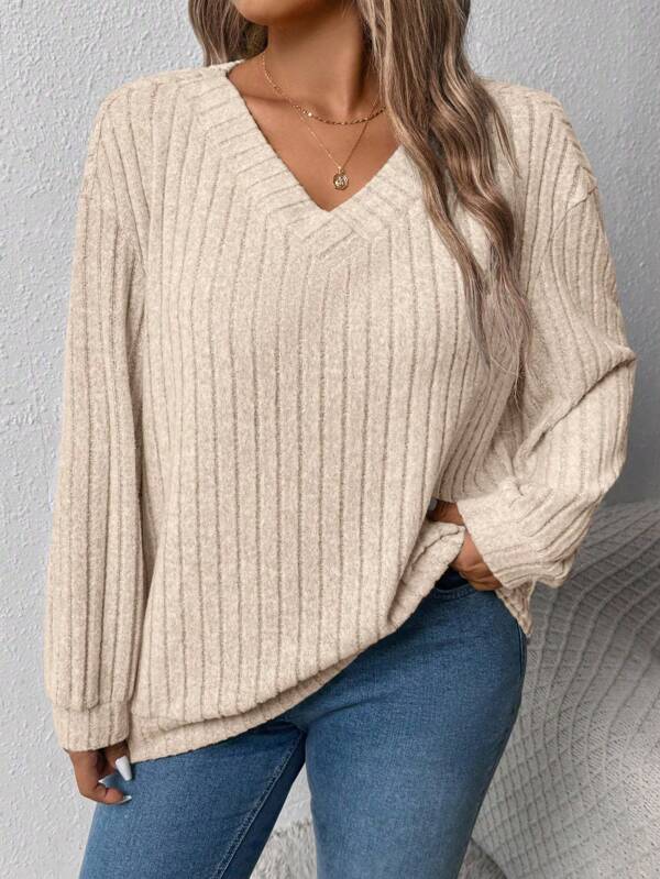 Plus Size Women Loose Casual V-Neck Wide Ribbed Pullover Sweatshirt, Autumn/Winter Graduation,Back To School,Graduation,Teacher For Women,Back To School Fall