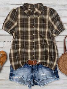 Linhara Plus Size Women Country Music Festival Casual Puff Sleeve Plaid Shirt - Coffee Brown - View 1
