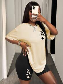 Maweii Plus Size Women's 2pcs/Set Spade Ace Print Casual Fashionable Summer Outfit