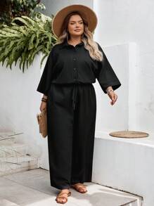 SHEIN CURVE+ 加大码海岛度假村白色纹理面料翻领短袖束腰阔腿连体裤，休闲百搭宽松连体衣夏季/乡村/海滩度假装/沙滩装/沙滩装 - 黑色 - 查看 6